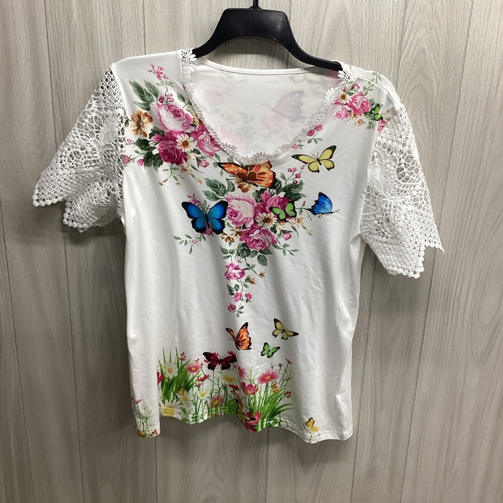 Women's (Size XL) White Floral Butterfly V-Neck Short Sleeve Lace Top Stretch